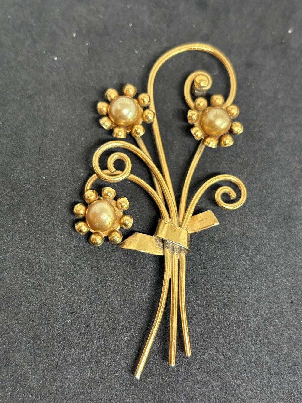 Vintage Coro Craft Sterling Silver Golden Floral Pearl Wire Leaf Brooch Pin 3”